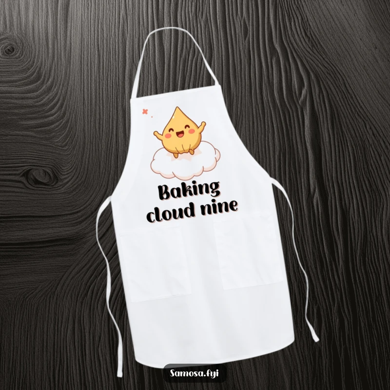 Funny Apron showcasing a samosa joyfully bouncing on a cloud, a whimsical and practical kitchen essential.