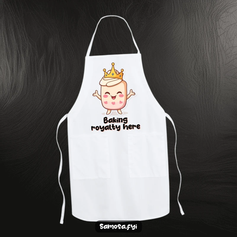 Funny apron showcasing a pastry character wearing a crown and striking a proud, goofy pose, perfect for kitchen royalty.