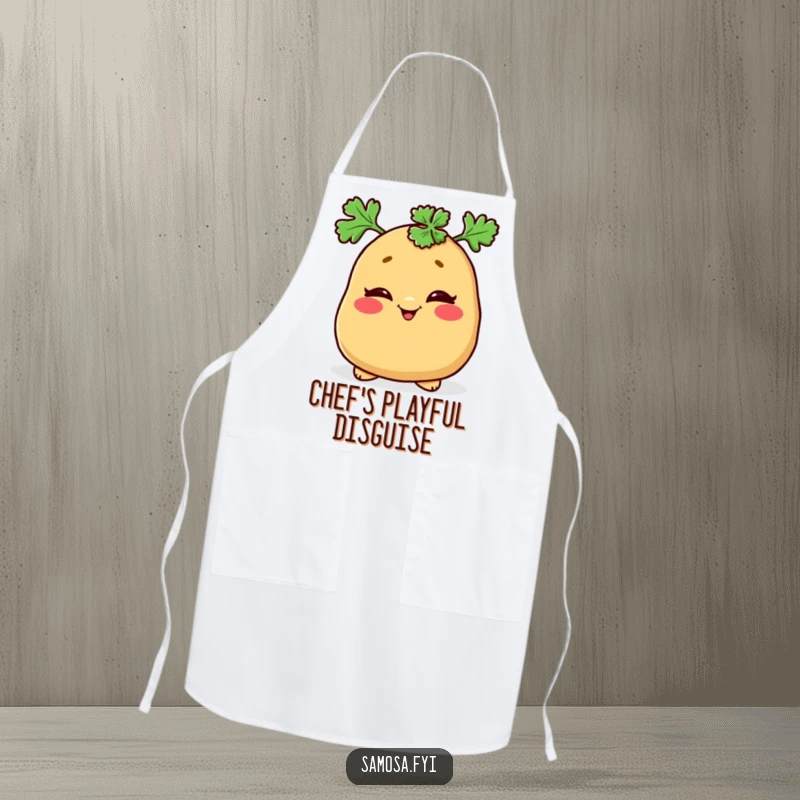 Funny apron showing a mischievous samosa winking with a parsley hat, perfect for a playful kitchen.
