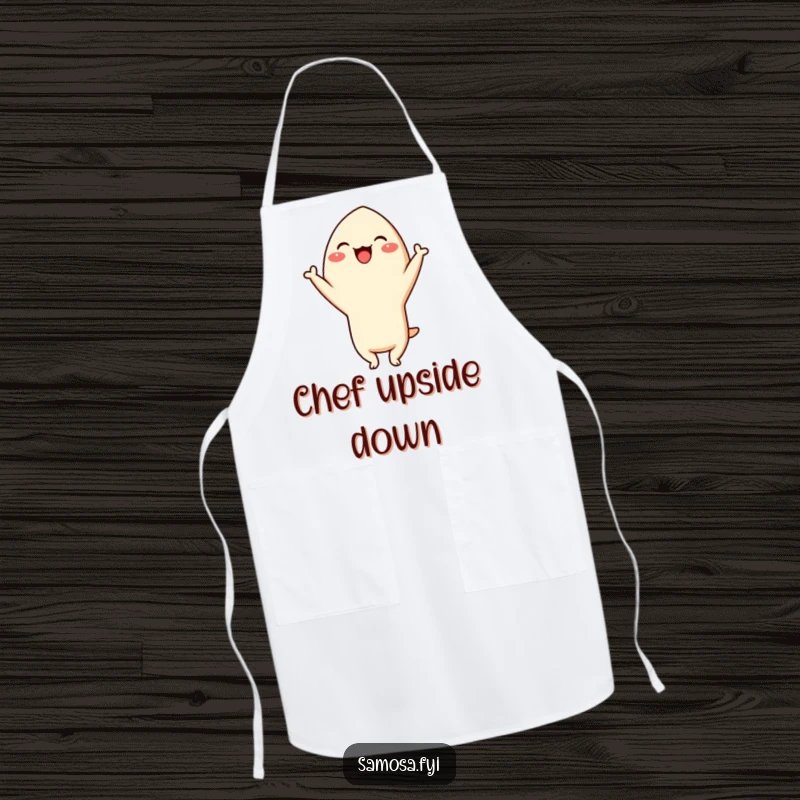 Funny Samosa Headstand Apron: A cheerful samosa character giggling while doing a headstand, perfect for protecting clothes with playful flair.