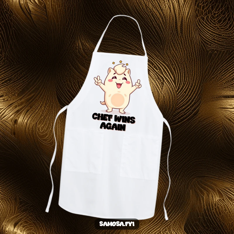 Funny samosa apron showing a triumphant samosa character in a victory pose, adding humorous celebration to cooking and kitchen tasks, a functional gift.