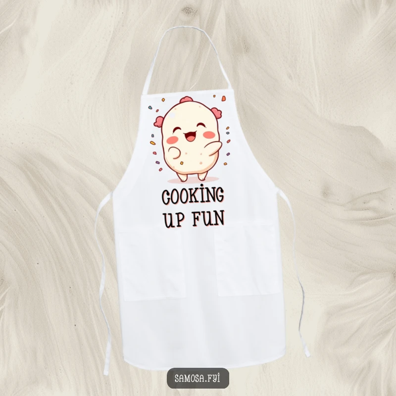 Funny Apron: A samosa character throwing confetti with a mischievous grin, bringing festive fun to your kitchen attire.