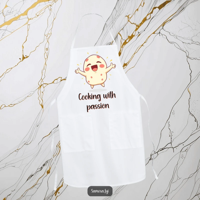 Funny Samosa Apron showing a samosa character bursting with joy, arms flailing wildly, ready to add fun to cooking.