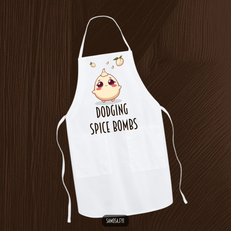 Funny apron showing a samosa character looking up with wide, surprised eyes at a falling cardamom pod, ready for kitchen fun.