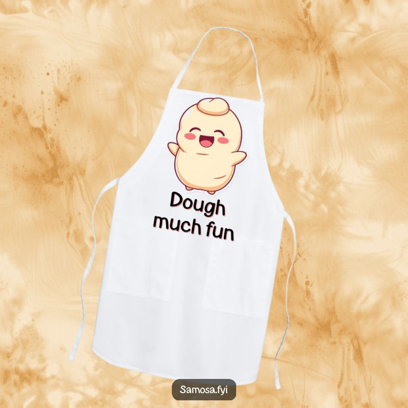 Funny Dough Apron displays a happy, deflated dough character laughing infectiously, adding humor to kitchen duties.