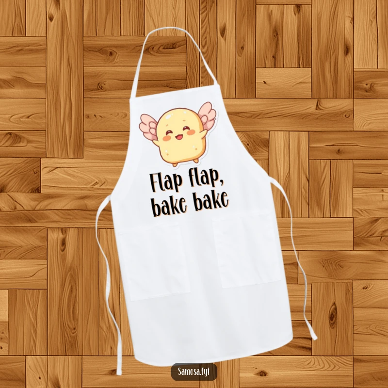 Funny apron graphic of a cheerful roti character attempting to fly using its flaky layers as wings, ready for kitchen adventures.