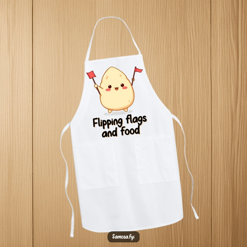 Funny Samosa Apron showing a cute samosa character enthusiastically waving a tiny flag, perfect for a joyful cooking experience.