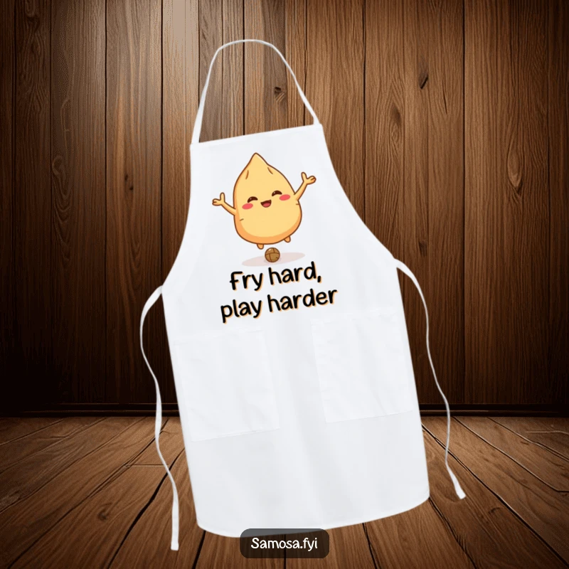 Funny giggling samosa apron showing a character with small arms bouncing a lentil like a ball, ideal for a cook.