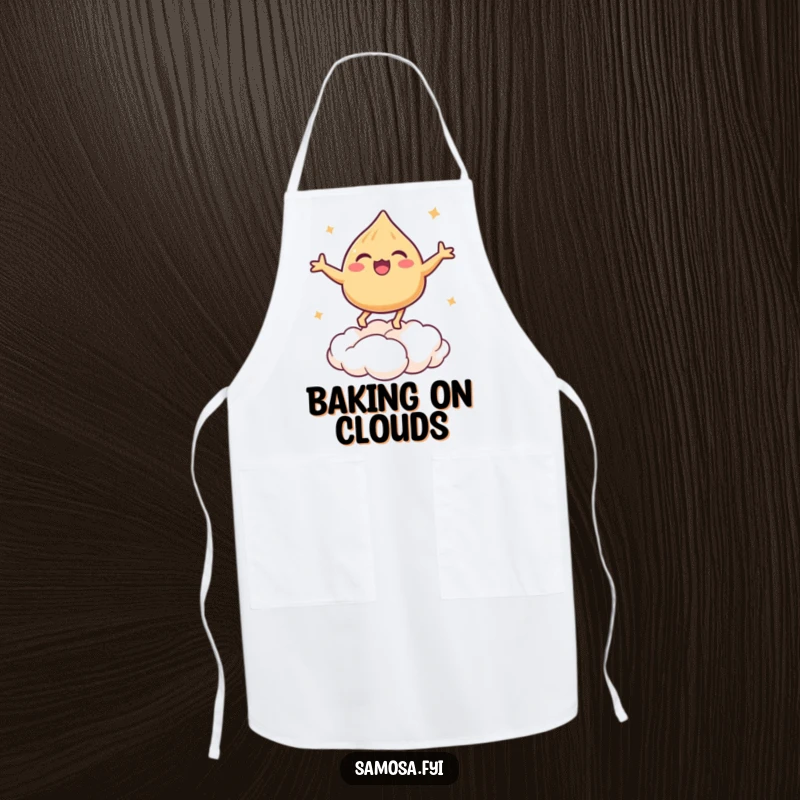 Funny apron illustration of a samosa bouncing on a cloud, perfect for kitchen fun.