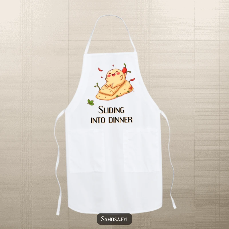 Funny Cheerful Samosa Apron: Kitchen wear featuring a snack sliding down a spicy pepper hill, bringing playful energy to cooking.