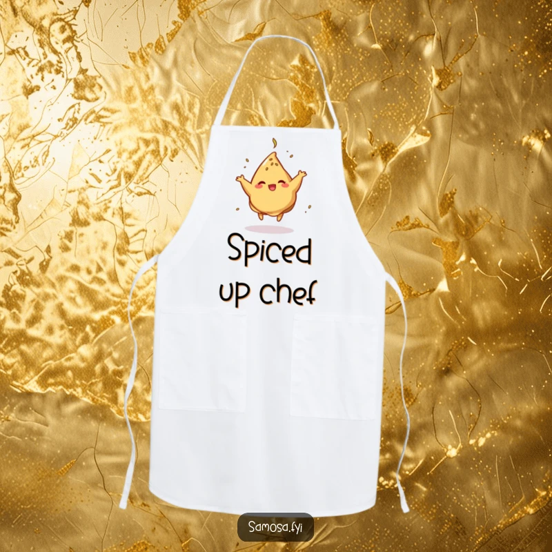 Funny Apron depicting a cumin-sprinkled samosa in a dance, a humorous and practical kitchen accessory.