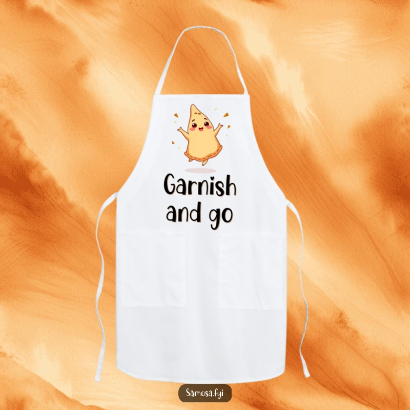 Funny apron featuring a dancing samosa ready to cook, perfect for kitchen fun.