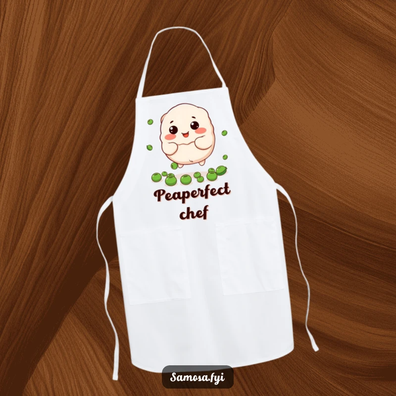 Funny dumpling apron graphic of the stuffed character trying to catch peas, a cute and practical item.