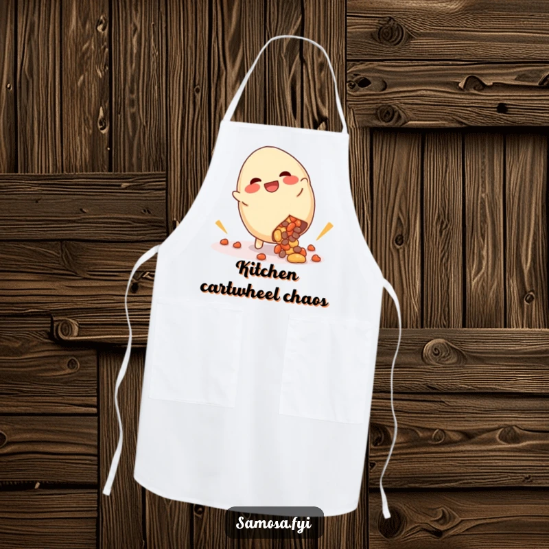 Funny apron featuring a giggling samosa doing a cartwheel with filling spilling humorously, perfect for adding a funny touch to cooking.