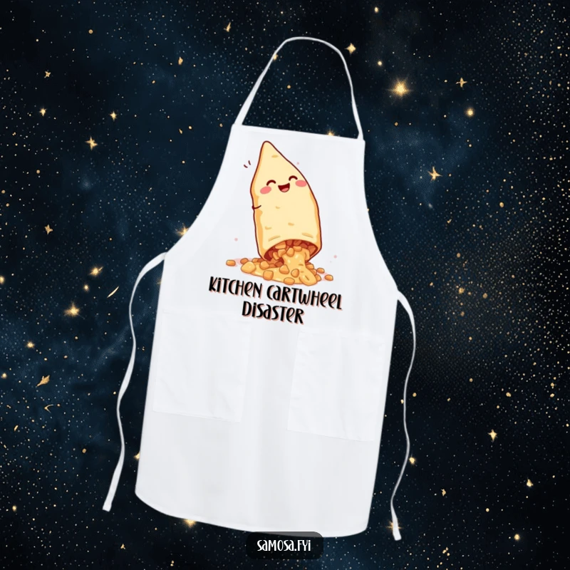 Funny Giggling Samosa Apron: Kitchen wear featuring a snack doing a cartwheel, filling spilling, bringing humor to cooking tasks.