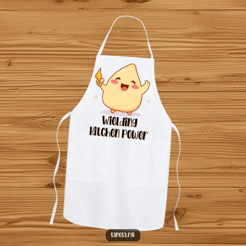 Funny Samosa Apron: A practical apron with a happy samosa waving a tiny frying pan, perfect for culinary adventures.
