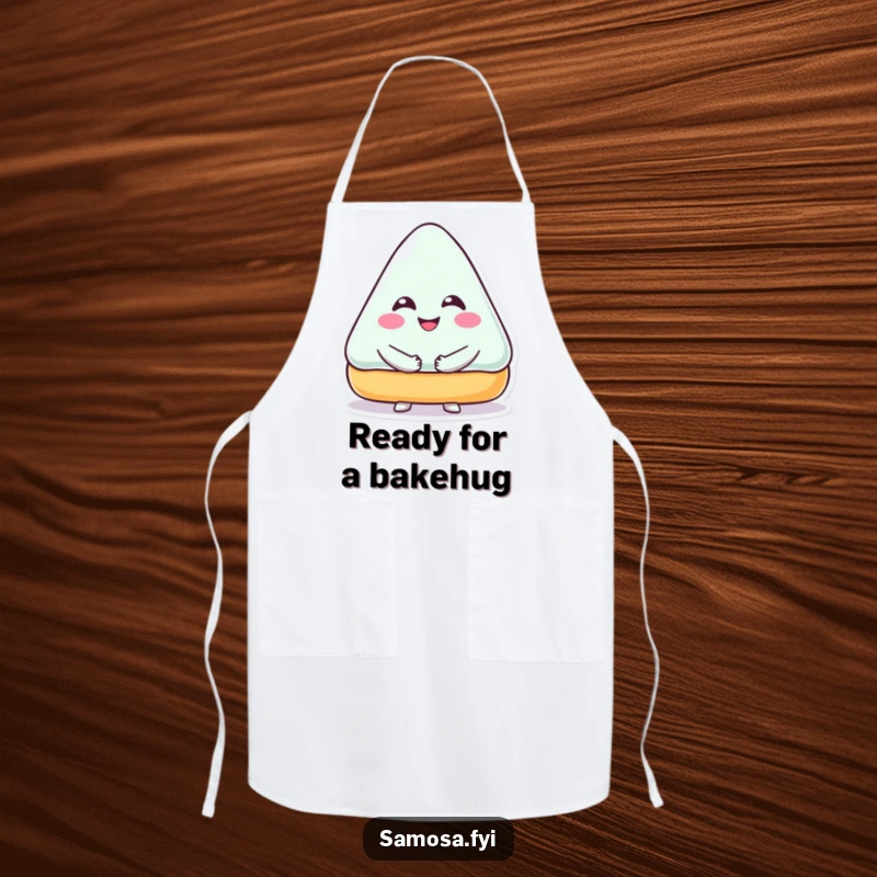 Funny Apron with a smiling triangular pastry character giving a hug, ideal for kitchen use and sweet creations.
