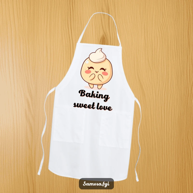 Sweetly designed apron featuring a blushing pastry puff character blowing a kiss, perfect for baking with charm.