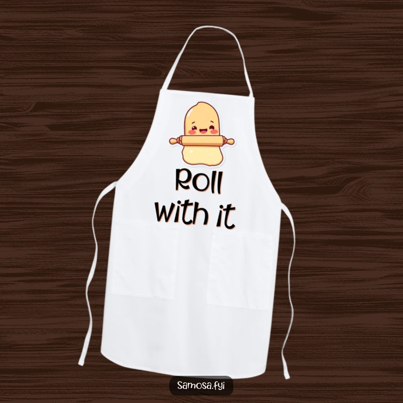 Funny Rolling Pin Apron displays a delighted rolling pin character rolling dough, ideal for humorous baking.
