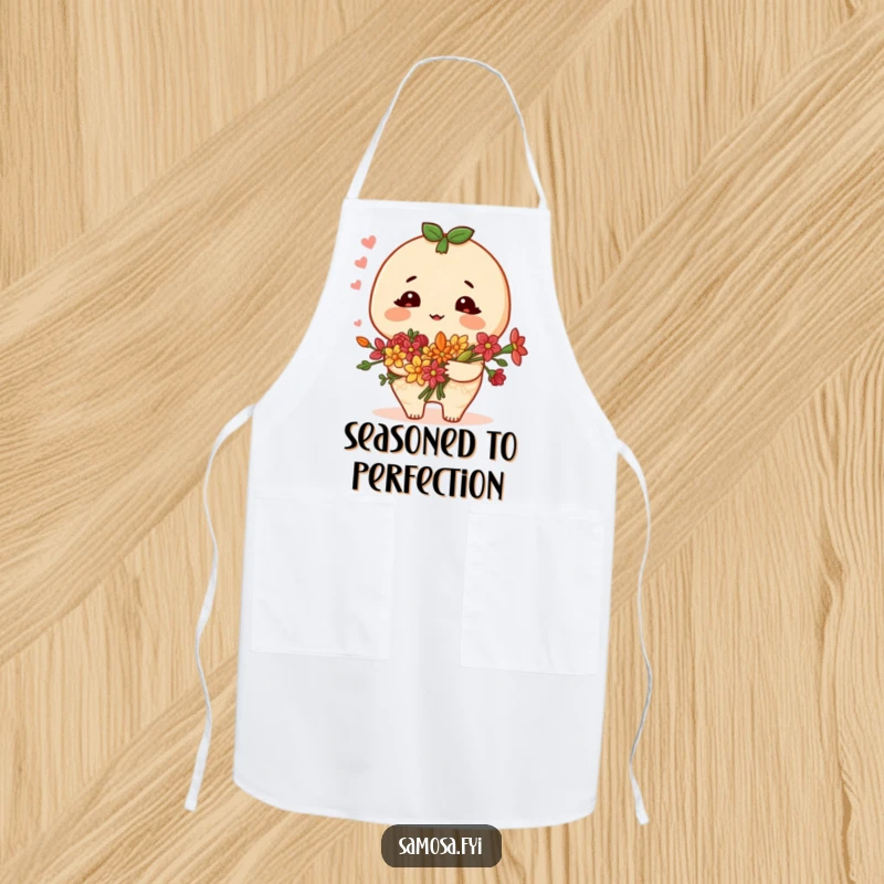 Funny samosa apron with a blushing character holding a bouquet of spice flowers, perfect for adding charm to cooking and baking.