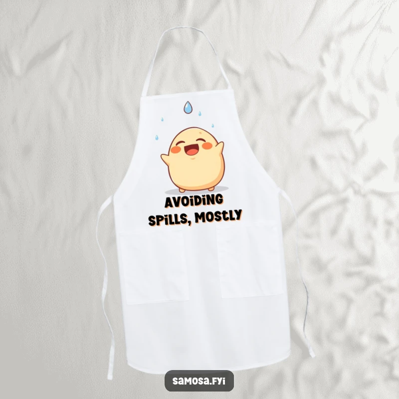 Funny apron for cooks featuring a laughing samosa comically dodging a falling raindrop, adding humor to meal preparation.