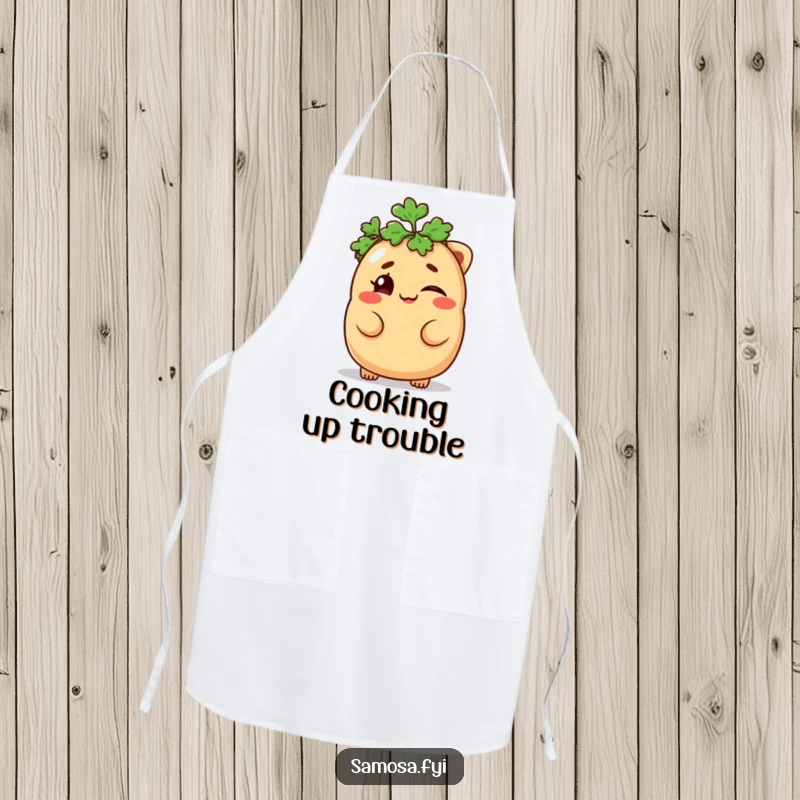 Funny Samosa Apron showing a mischievous samosa winking with a parsley hat, a humorous kitchen accessory for a funny gift.