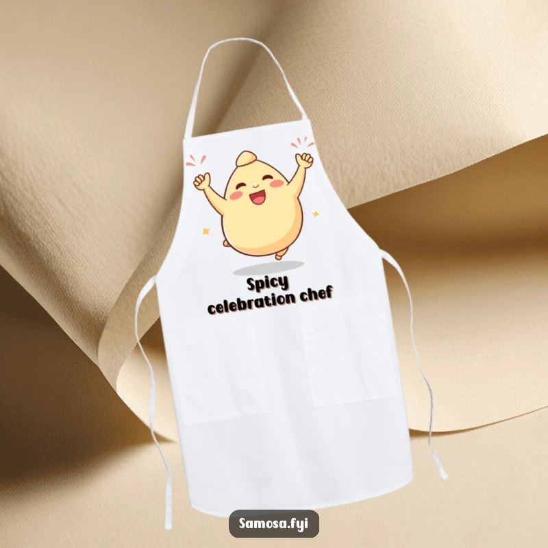 Funny samosa apron showing a plump samosa character doing a victorious celebratory hop, perfect for kitchen festivities.