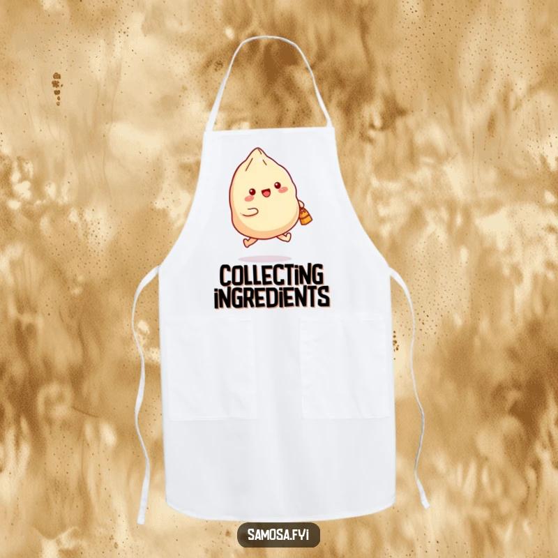 Funny apron for cooks featuring a samosa joyfully skipping with a small bag, adding humor to meal preparation.