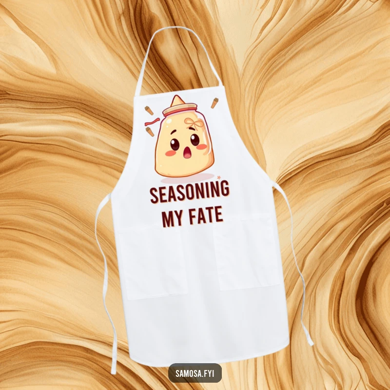 Funny apron showing a surprised samosa with wide eyes, reacting to a floating spice jar, a humorous kitchen accessory for chefs.
