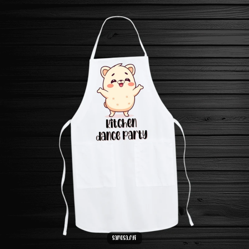 Funny samosa apron showing a samosa character doing a silly wiggle dance while cooking, adding humor and flair to kitchen activities, a functional gift.