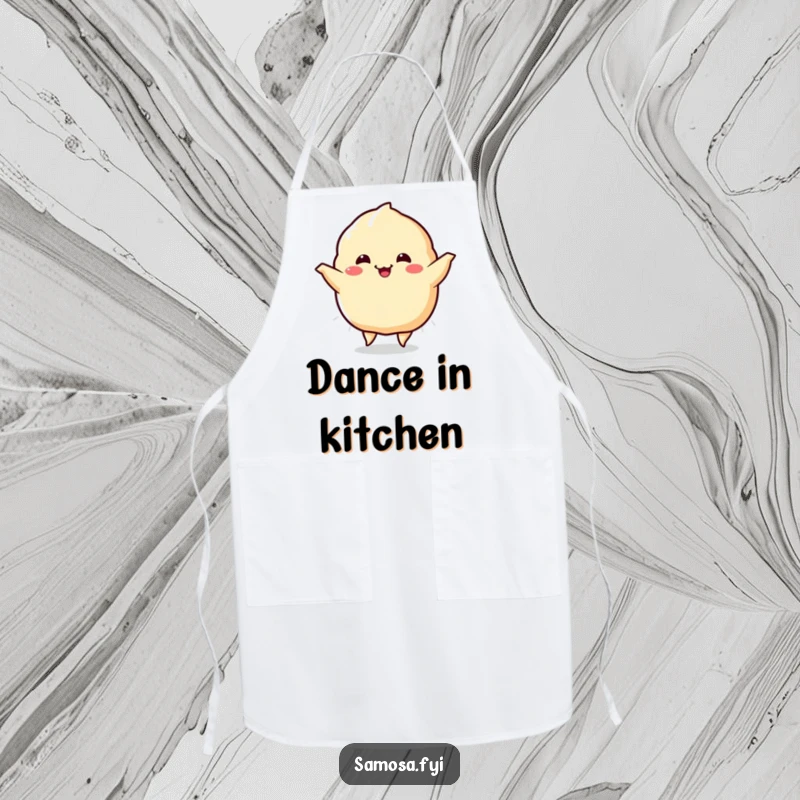 Funny Samosa Apron illustrating a samosa character joyfully dancing with wiggling sides, adding a humorous touch to kitchen chores.