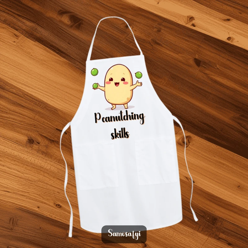 Funny apron showcasing a happy samosa character juggling three tiny peas, perfect for adding cheer to the kitchen.