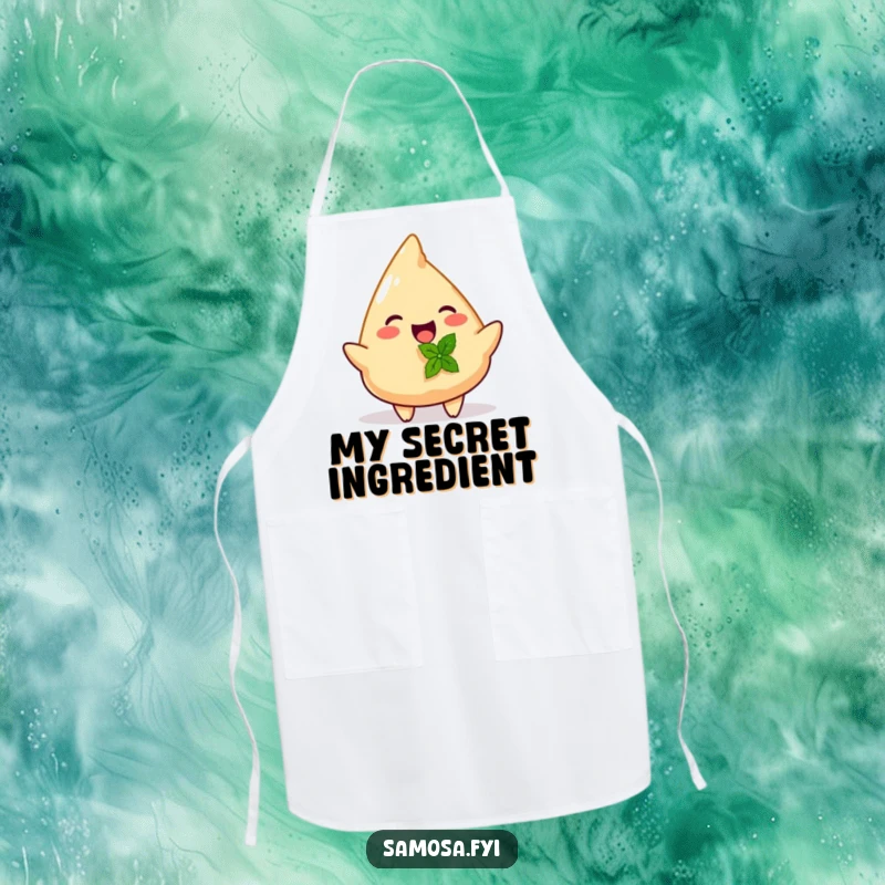 Funny apron showing a joyful samosa offering a small mint leaf, perfect for a happy kitchen.