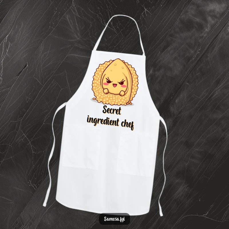 Funny samosa character with a mischievous grin, hiding behind a giant couscous grain, featured on a baker's apron.