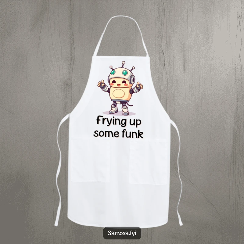 Funny Apron showing a samosa character in a happy, stiff robot dance, ideal for kitchen dancers.