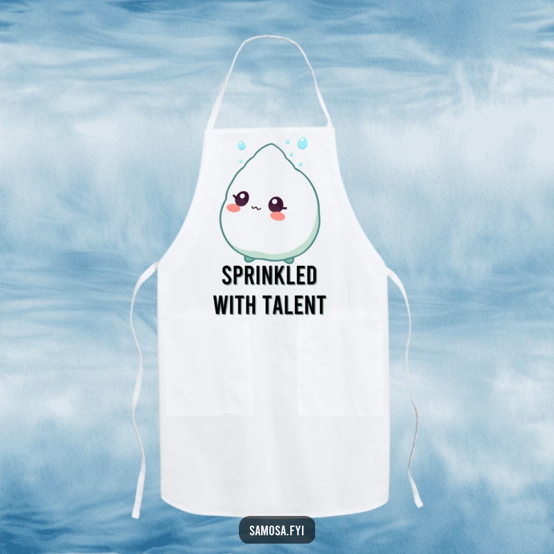 Funny Apron featuring a samosa character with wide eyes, fixated on a falling sprinkle, bringing wonder to cooking.