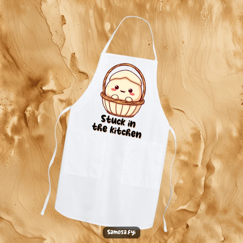 Funny Apron: A samosa character comically stuck in a small basket, bringing humorous charm to your kitchen attire.