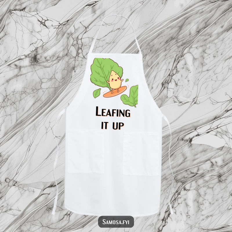 Funny apron showcasing a happy samosa with tiny legs, surfing on a giant spinach leaf, ready for kitchen explorations.