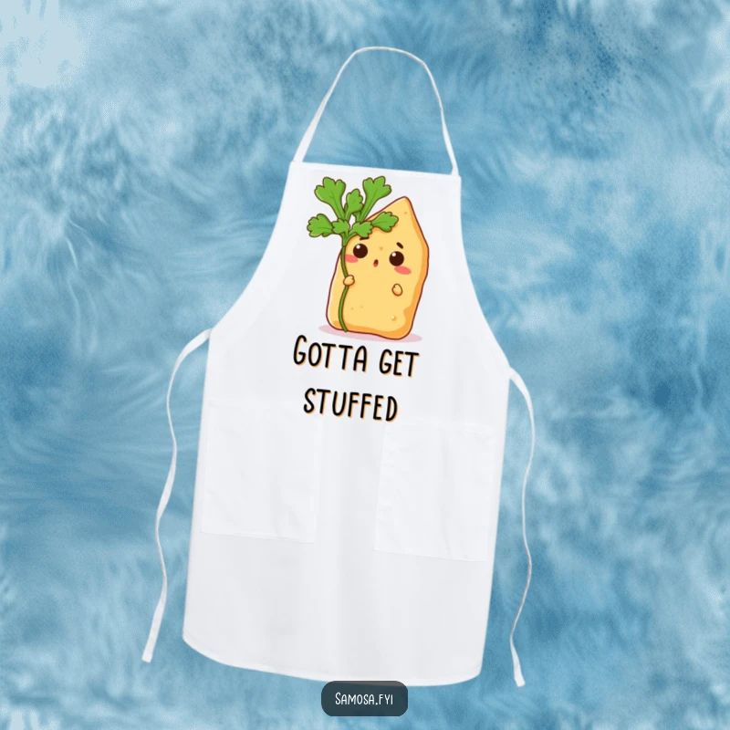 Funny apron featuring a surprised samosa peeking from behind a coriander leaf, adding culinary humor for the aspiring chef.