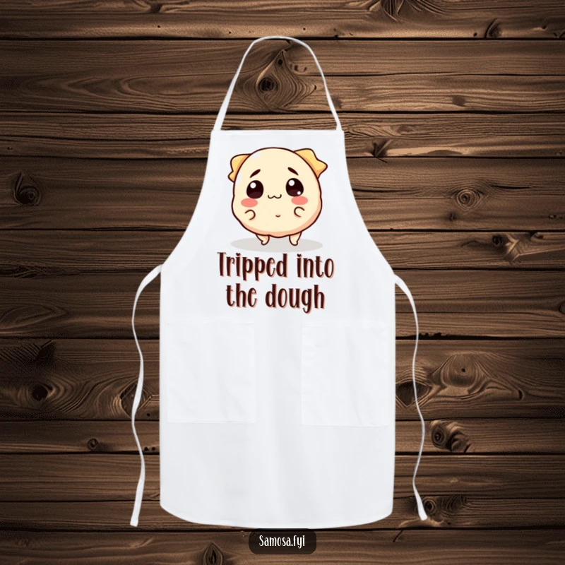 Funny Apron featuring a smiling samosa character comically tripping over its edges, looking surprised and endearing.