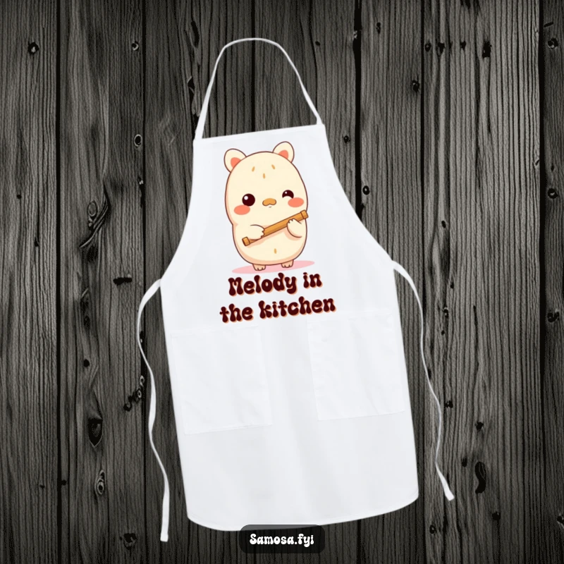 Funny samosa apron showing a shy samosa character holding a tiny flute, adding gentle musical humor to cooking and kitchen activities, a functional gift.