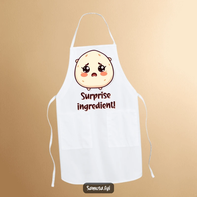 Funny Startled Samosa Apron: A samosa character with wide, surprised eyes, perfect for protecting clothes with a humorous, astonished flair.