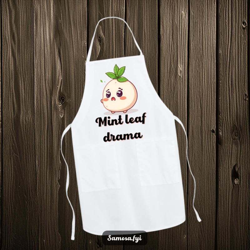 Funny Surprised Samosa Apron displays a samosa character with wide eyes shocked by a flying mint leaf, for humorous cooking.