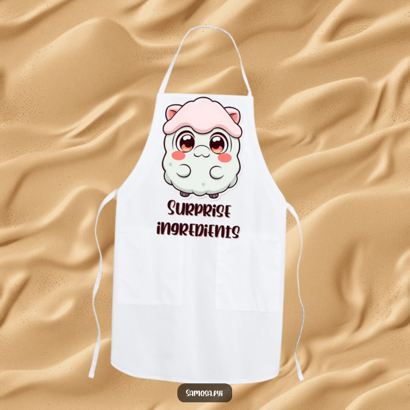 Funny Surprised Samosa Apron showing a samosa character with wide, expressive eyes, humorously reacting to kitchen events.