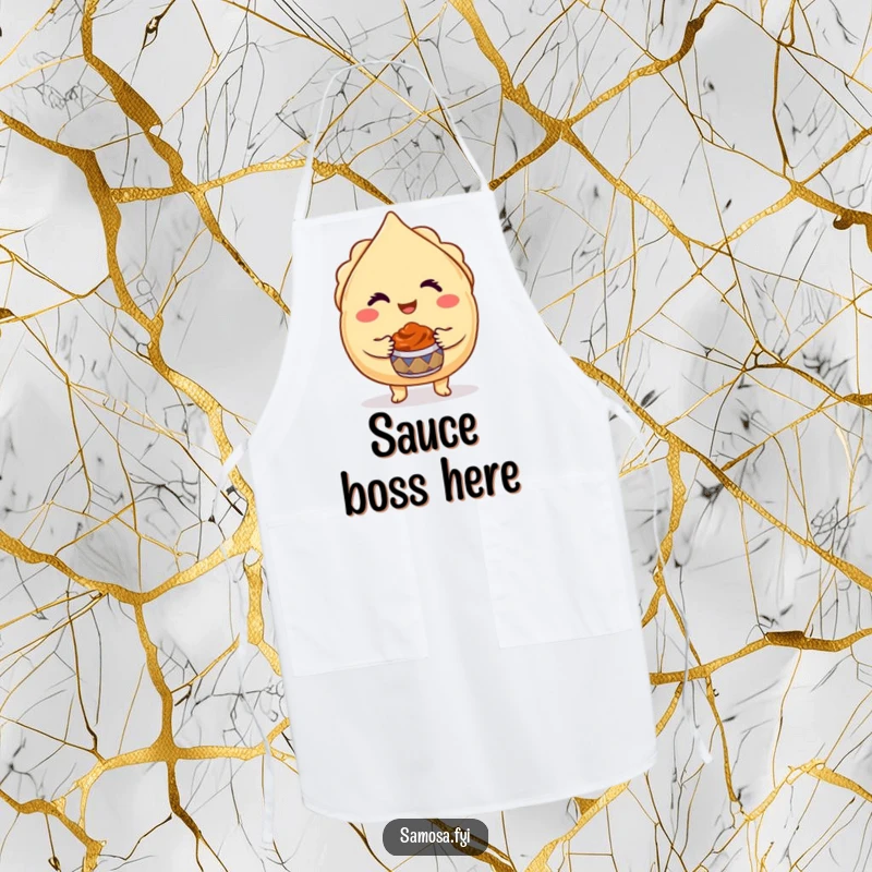 Funny Winking Samosa Apron displays a cheeky samosa character winking while offering chutney, ideal for humorous cooking.