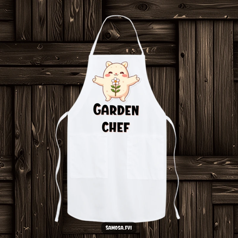 Funny samosa apron, arms spread wide, embracing a small flower, peaceful kitchen wear, perfect for cooking.