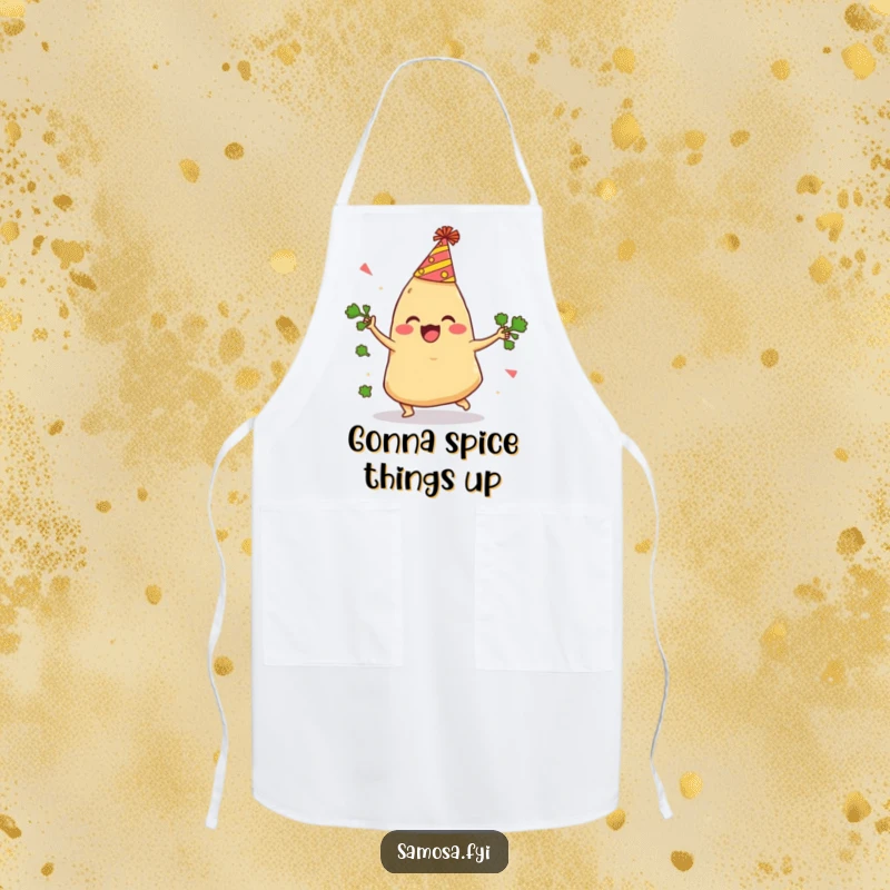 Funny Samosa Apron shows a delighted samosa in a party hat comically tripping while juggling cilantro, designed for kitchen humor.