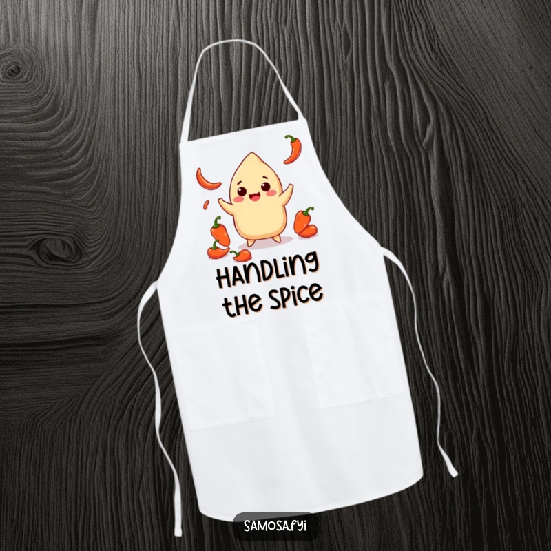Funny apron featuring a smiling samosa playfully juggling small chili peppers, perfect for adding humorous and spicy flair to cooking.