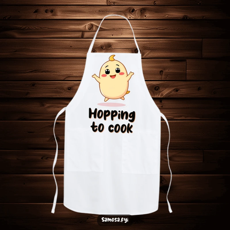 Funny Samosa Apron showing a cute samosa character doing a funny little hop with a big grin, perfect for cheerful cooking.