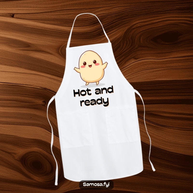 Funny Apron showcasing a cheerful samosa with tiny sesame seed eyes, humorously doing a joyful jig, ideal for a fun and festive cook.